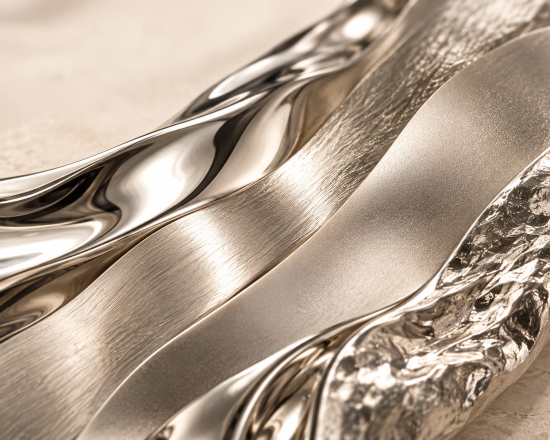 Brushed and hammered silver surfaces catching light at different angles.
