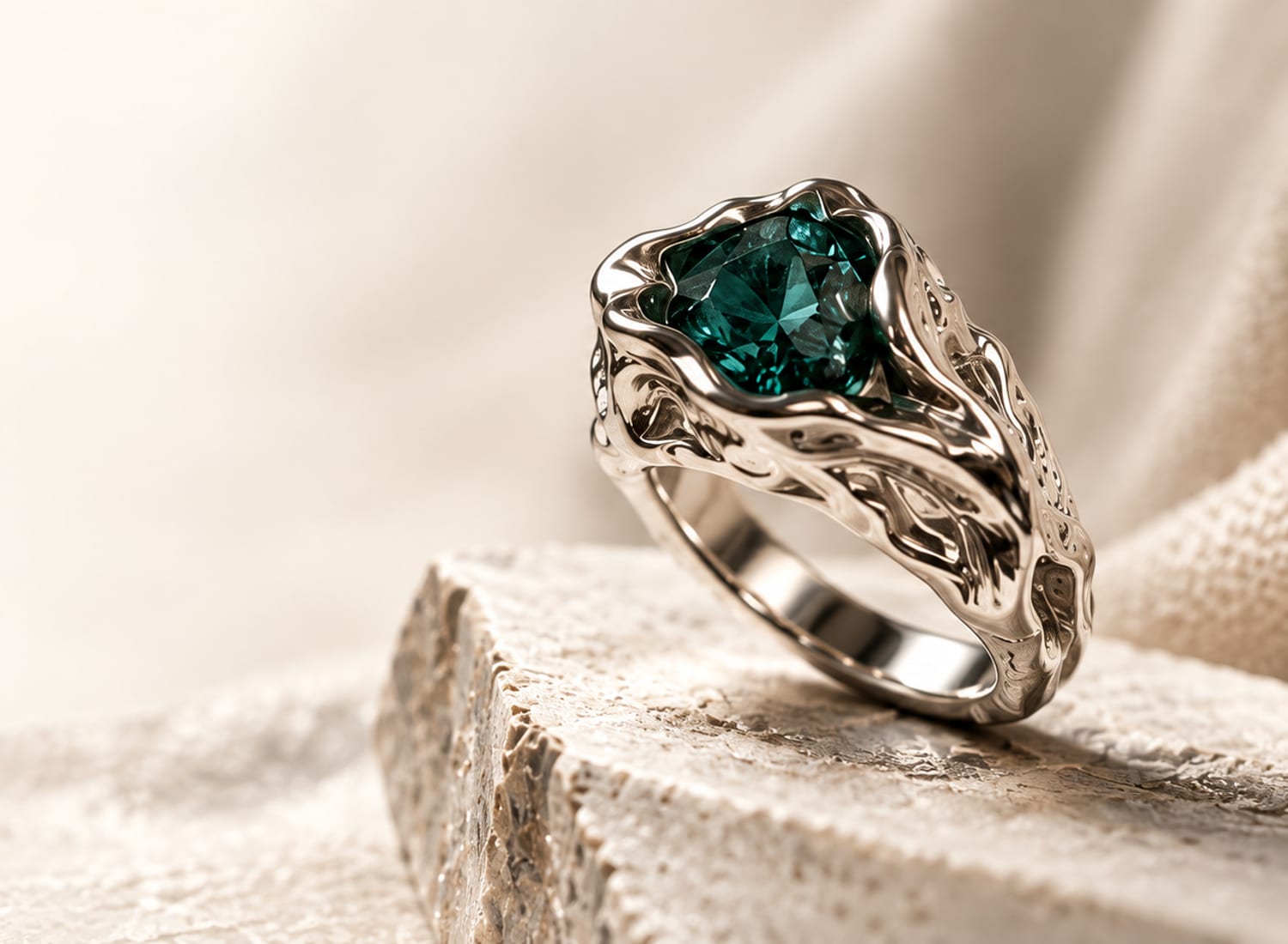 A sculptural silver ring set with a green stone, resting on pale stone.