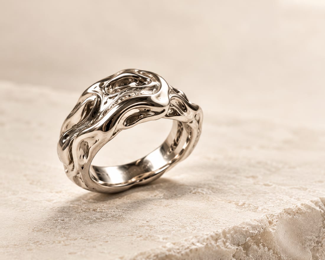 A sculptural silver band with a flowing, carved surface.