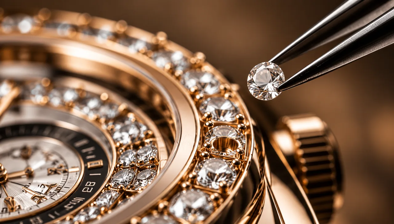 A loose round diamond held in tweezers above a stone-set watch bezel.