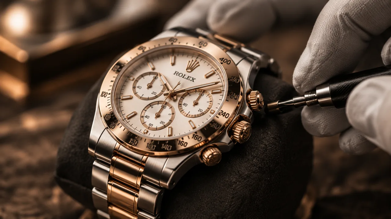 A gloved hand working a fine tool against the case of a gold-tone chronograph.