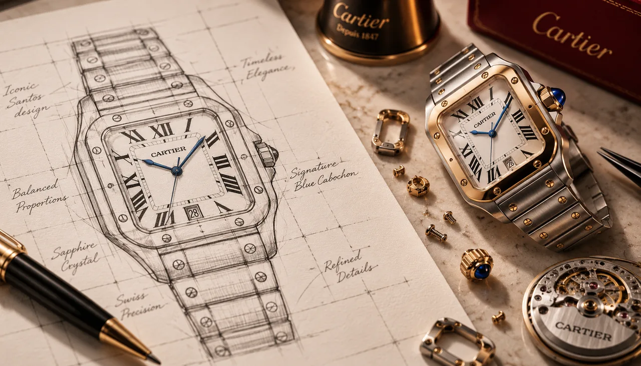 A technical watch drawing on paper, with cases, hands and a pencil laid beside it.