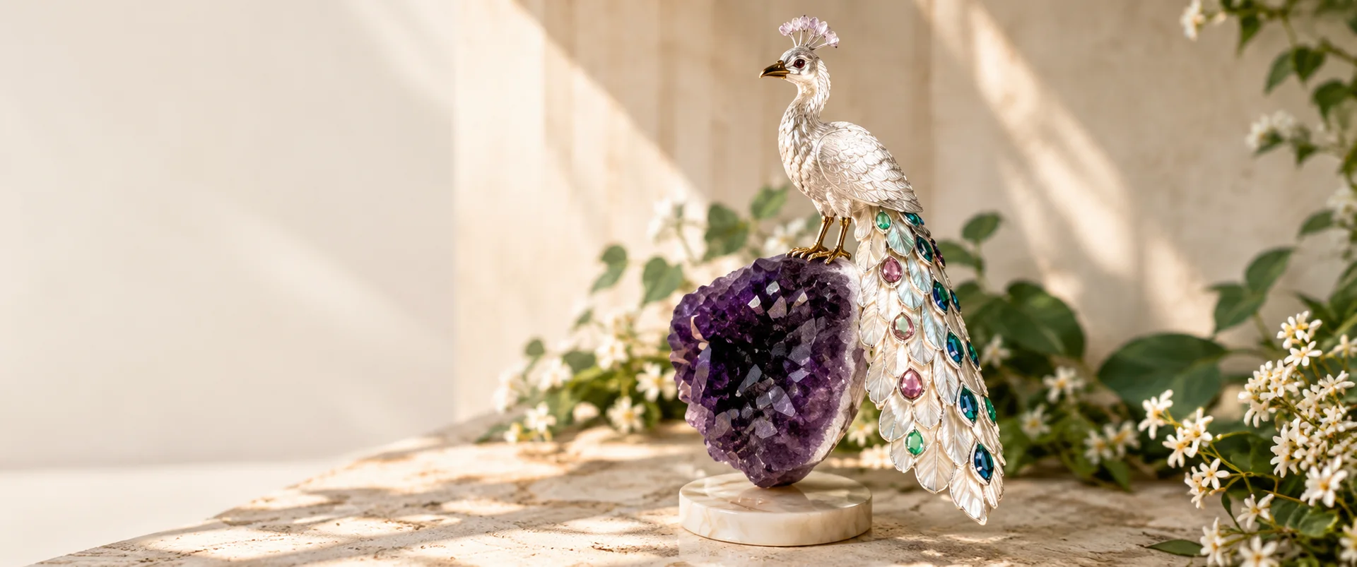A silver peacock with a mother-of-pearl tail, standing on an uncut amethyst on a sunlit stone ledge among jasmine