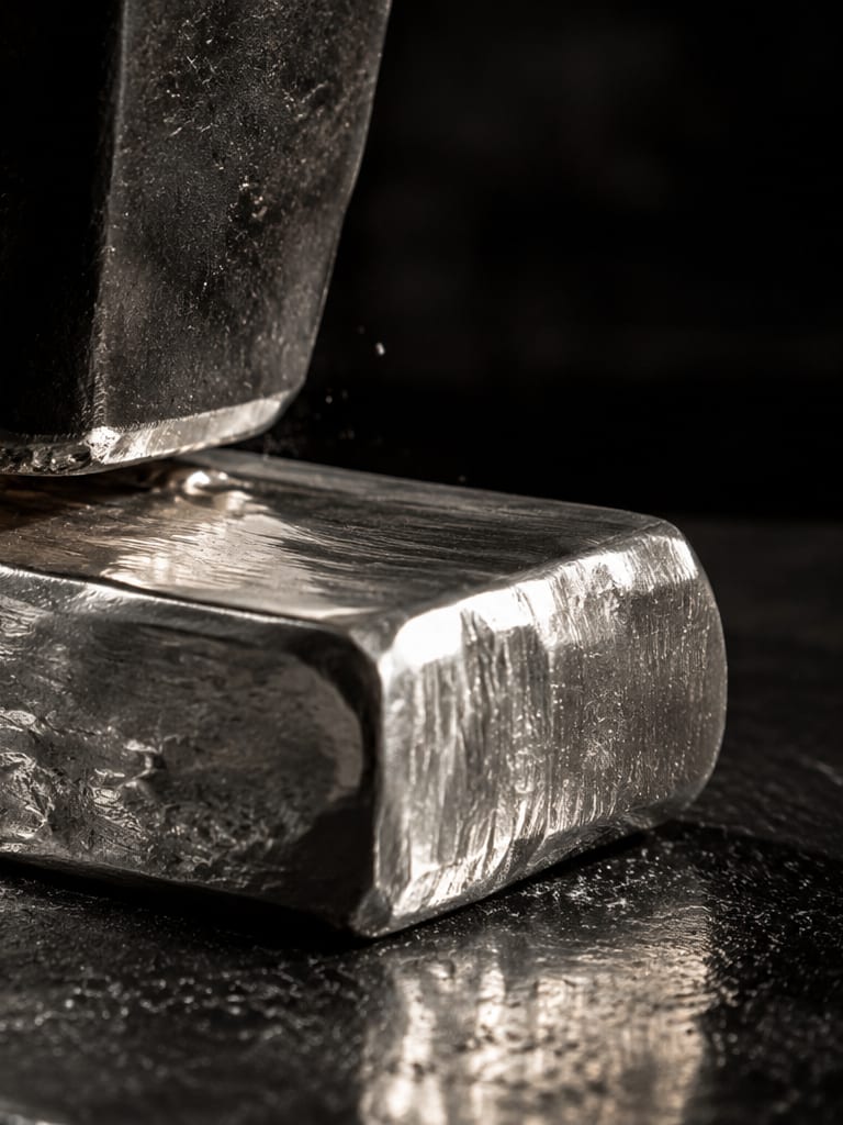 A silver ingot on a dark bench, a hammer face resting against it.