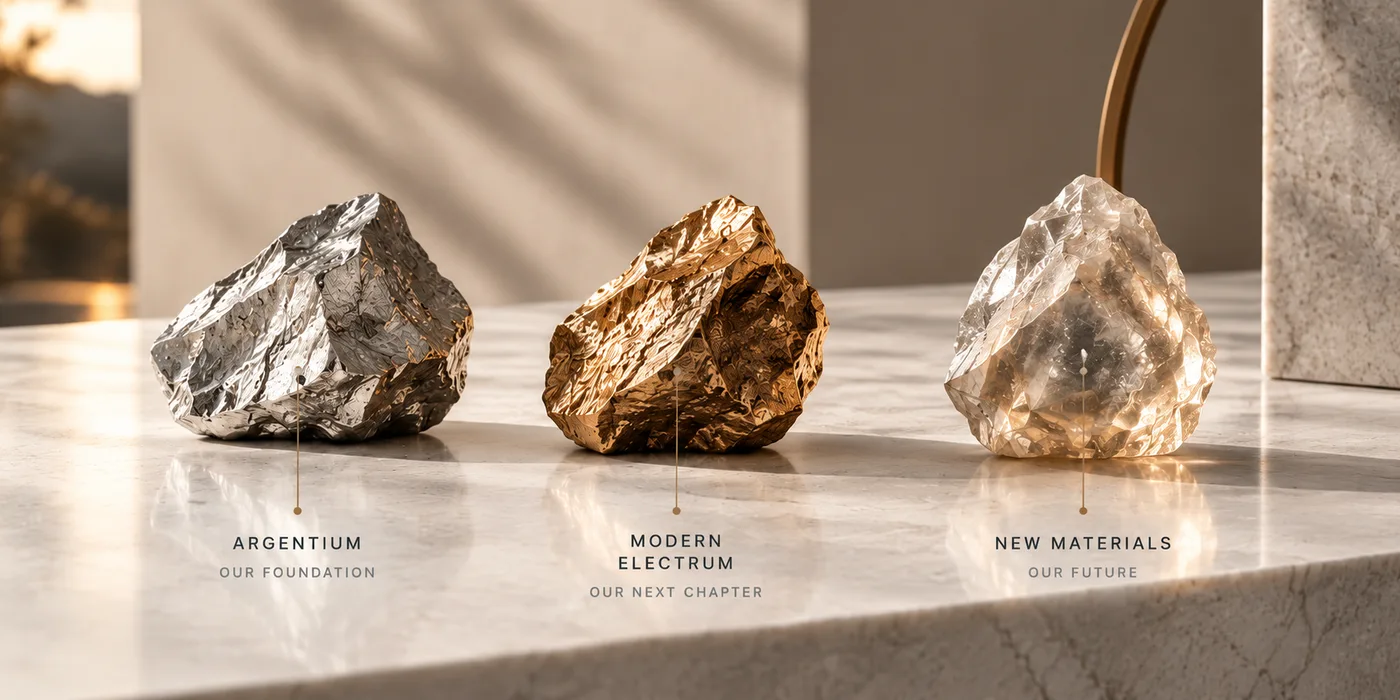 Three rough specimens on a pale ledge in daylight, each named beneath it: silver-white Argentium, our foundation; gold modern electrum, our next chapter; and a clear crystalline stone, new materials, our future.