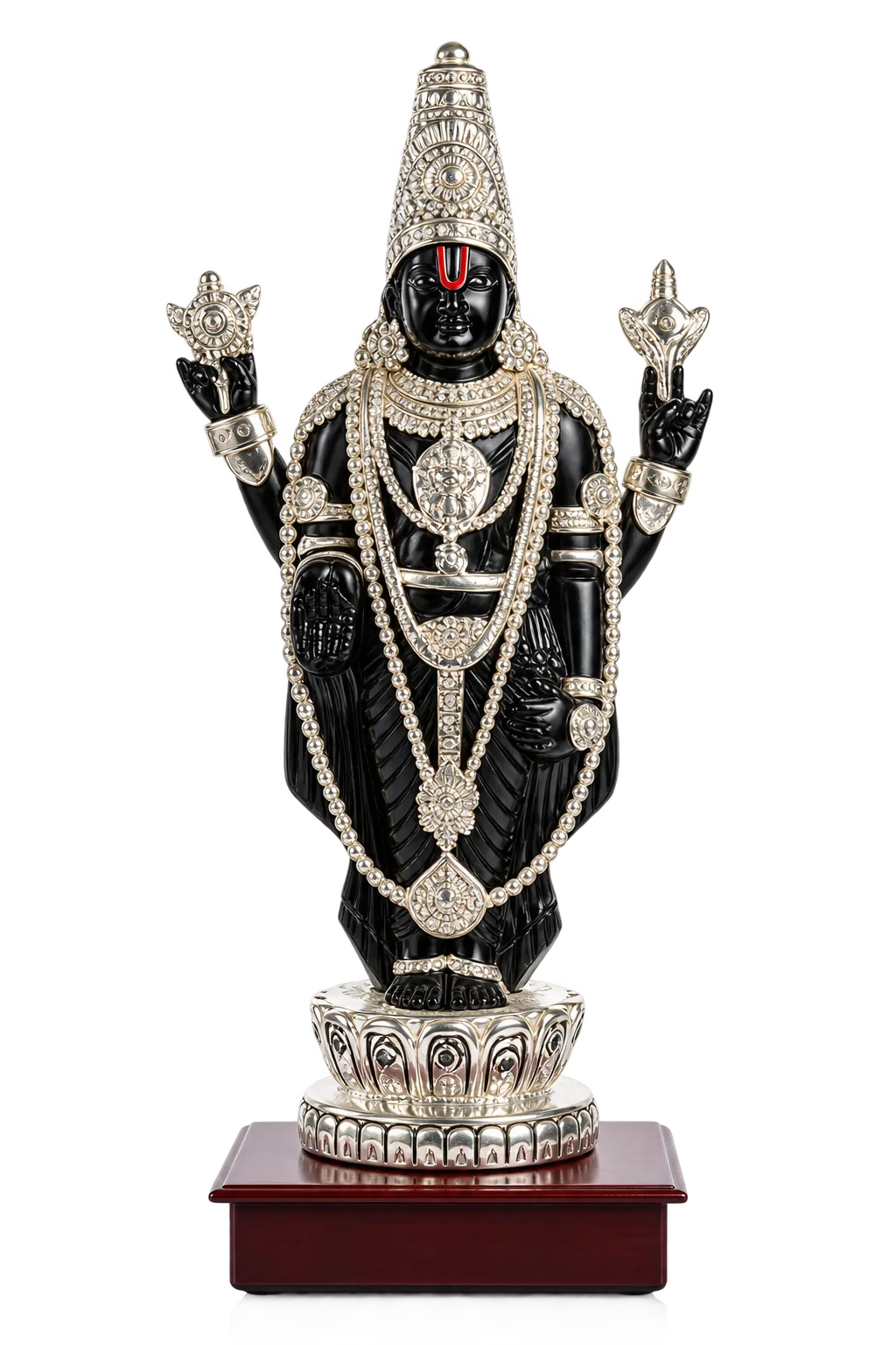 A standing Balaji in dark stone, robed and crowned in silver and set with stones, on a turned wooden plinth