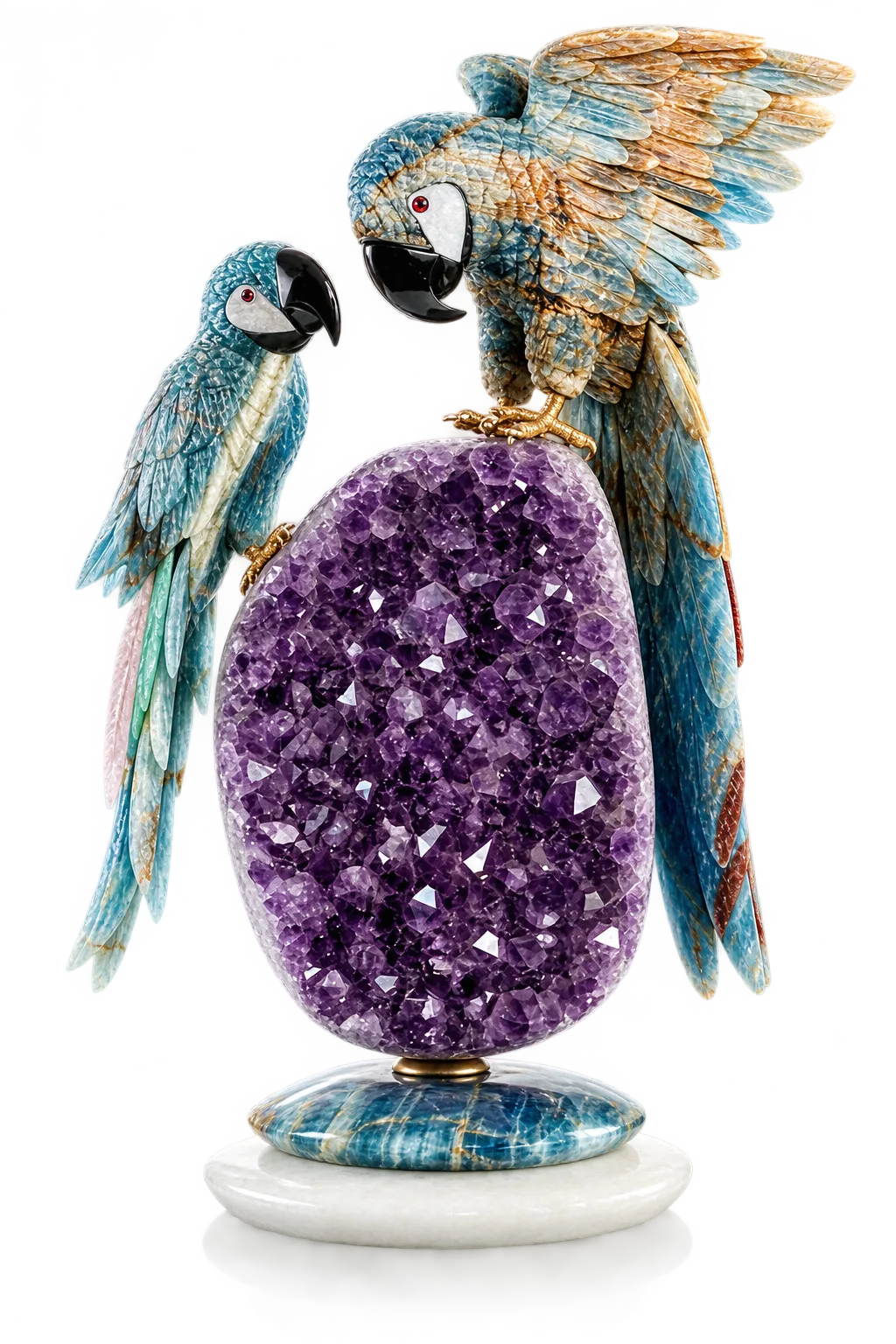 A pair of blue and gold macaws with open wings across an amethyst geode