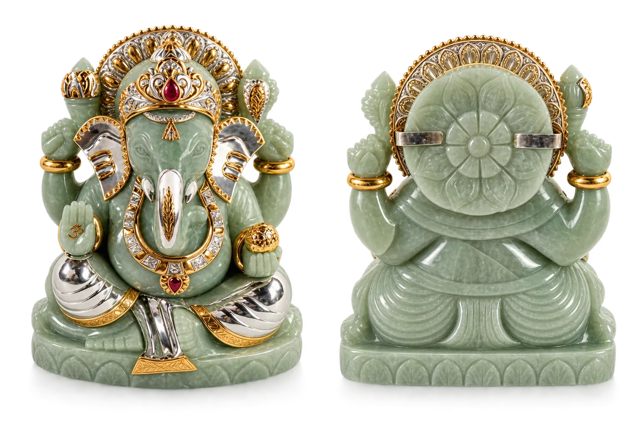 A Ganesha carved in green gemstone and finished in silver, shown from the front and the reverse