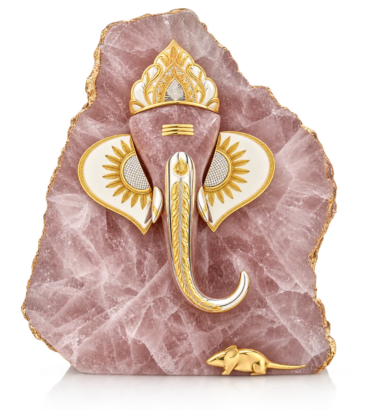 A gilded Ganesha worked into the face of a rose quartz slab with a raw gilded edge
