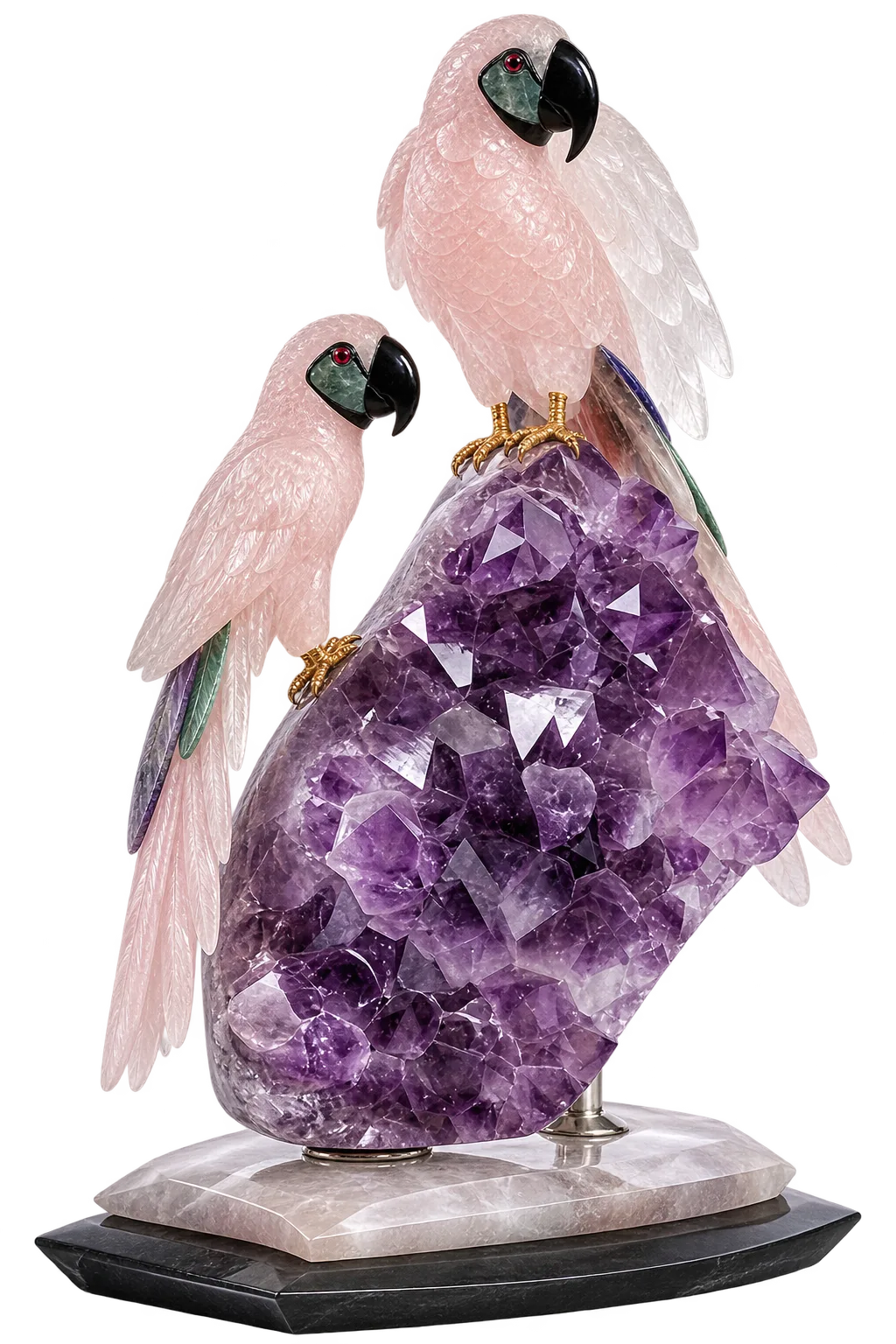Two rose quartz macaws perched either side of an amethyst geode