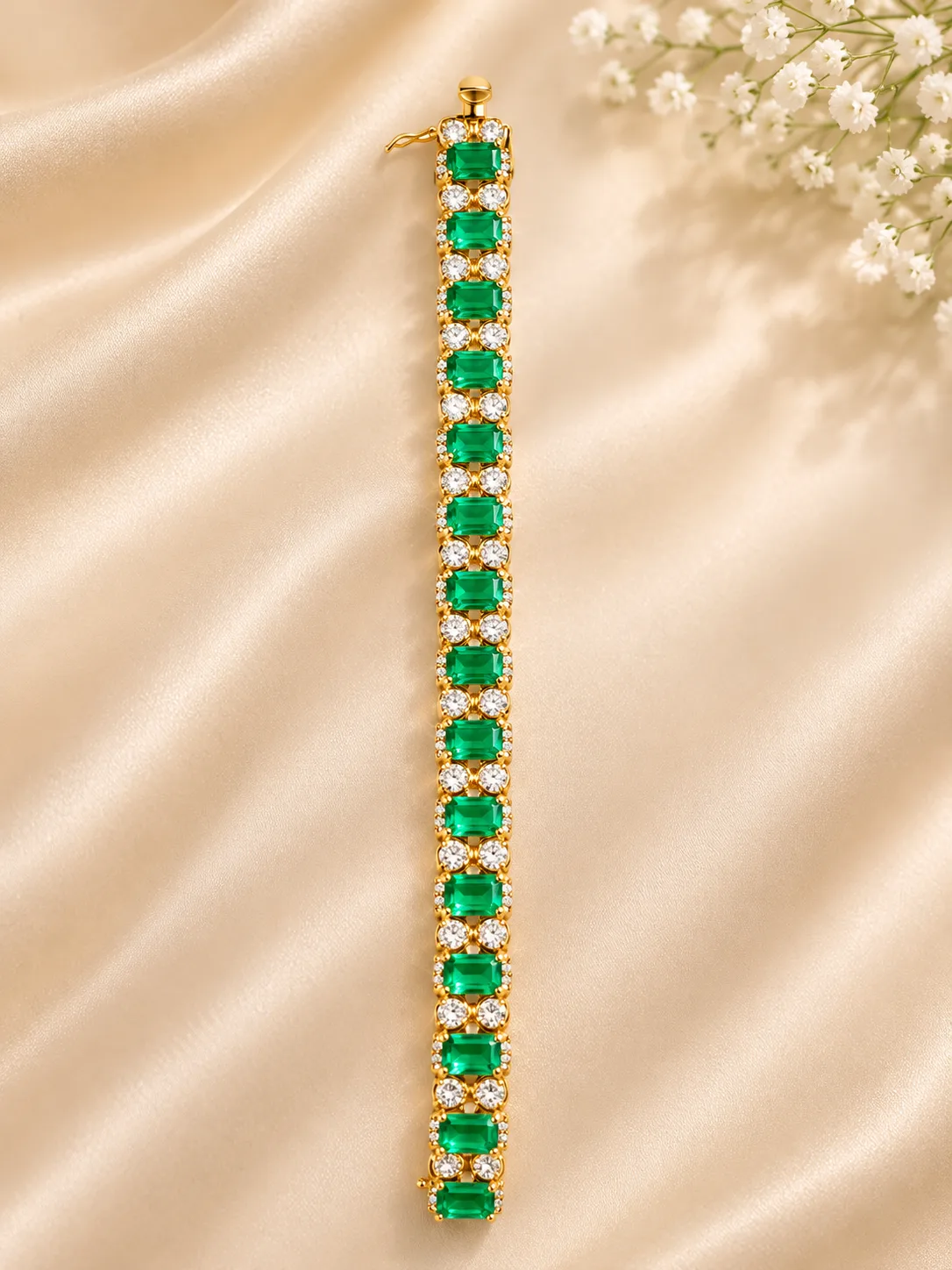 A straight band of rectangular green stones alternating with pairs of round colourless stones in gold-tone settings, laid on cream satin beside small white flowers.