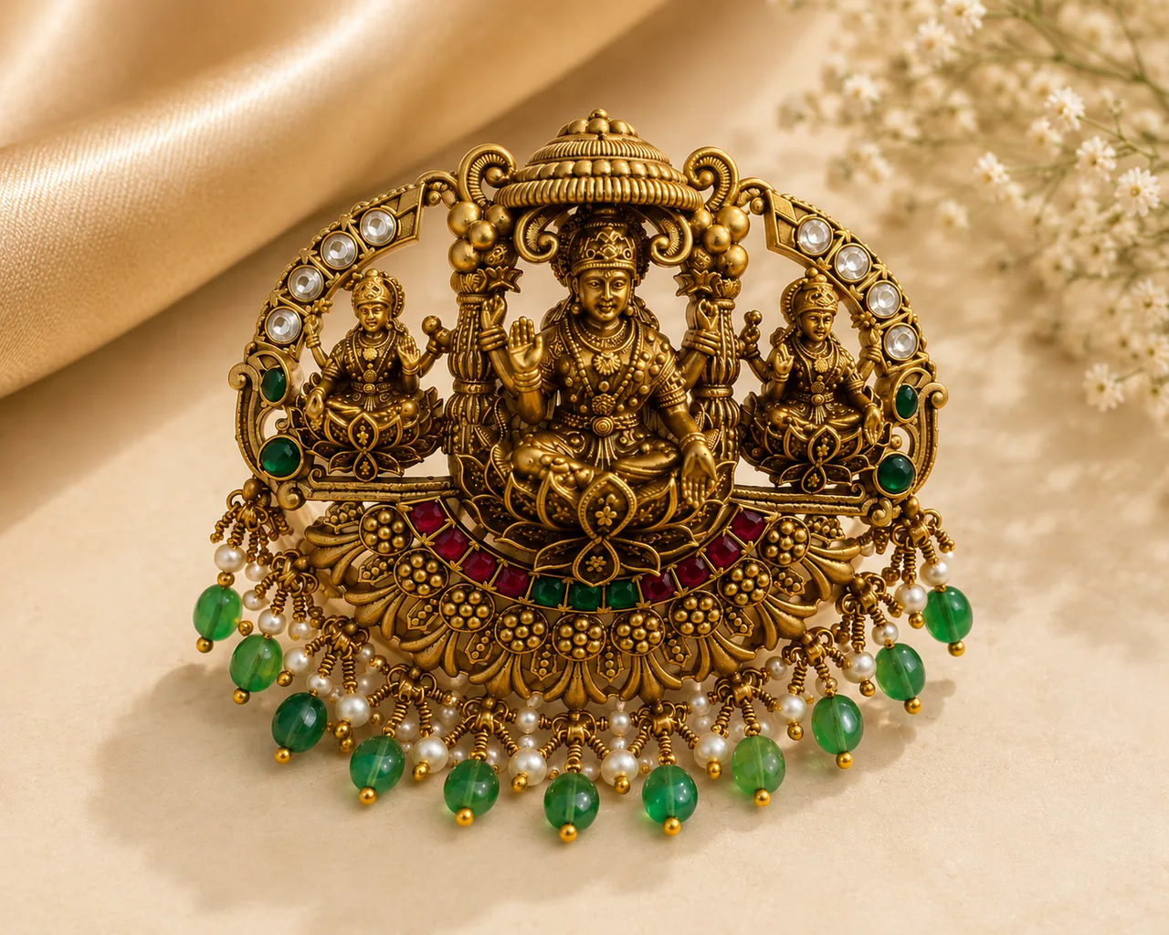 Gold-tone temple-style ornament with three seated figures beneath a domed canopy, red and green stones across the base and colourless stones in the upper arch, with a fringe of green and white beads, resting on cream fabric beside small white flowers.