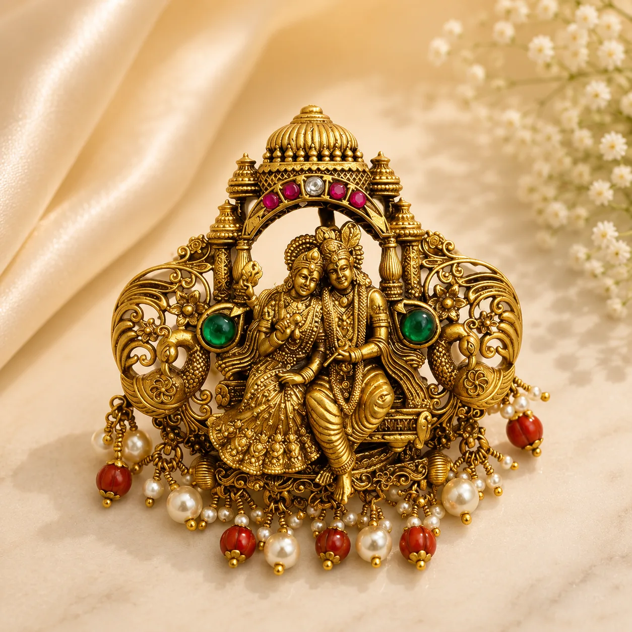 Ornate gold-tone jewel shaped as a temple panel with two seated figures beneath a domed canopy, set with green, pink and colourless stones and hung with red and white beads, resting on cream satin beside small white flowers.