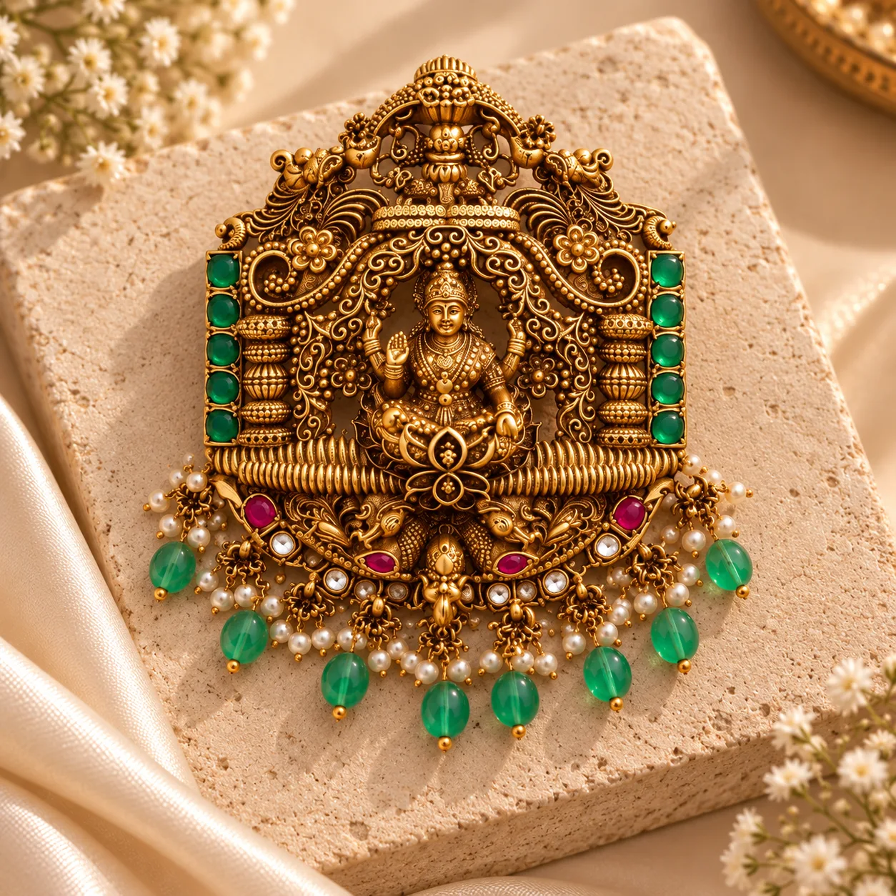 A gold-tone pendant with a carved seated figure at its centre, flanked by two vertical rows of green rectangular stones and topped by an arched crest of scrollwork, with pink and colourless stones along the lower band and a fringe of white beads ending in green drops, resting on a pale stone slab with white flowers and cream fabric around it.