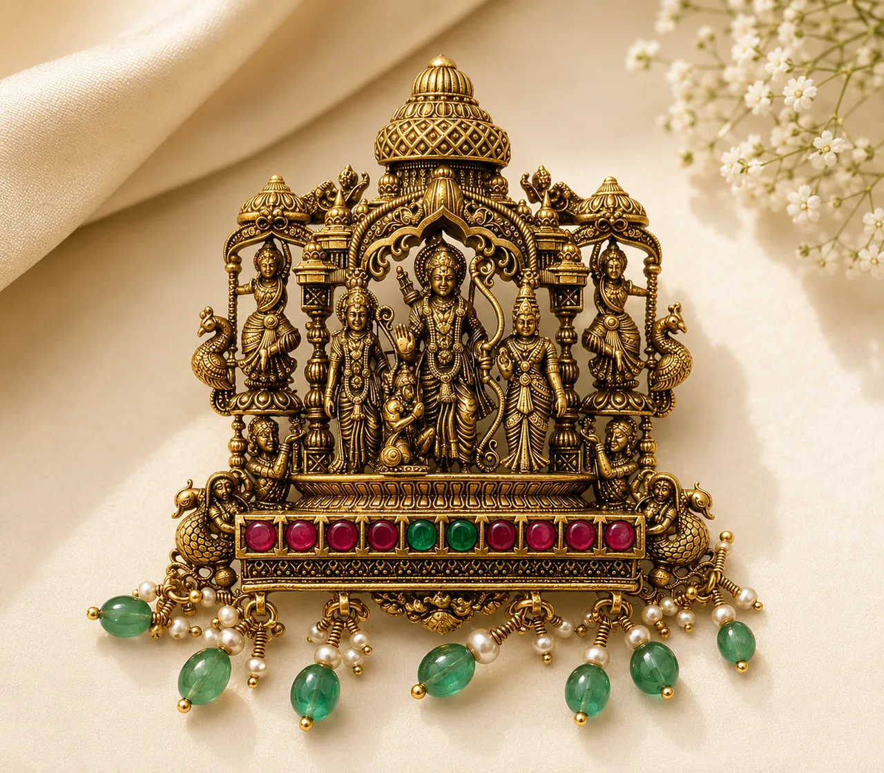 Gold-tone temple-form pendant on cream fabric, with standing figures under an arch beneath a domed roof, a row of pink-red and green square stones across the base, and green bead and white bead drops hanging below.