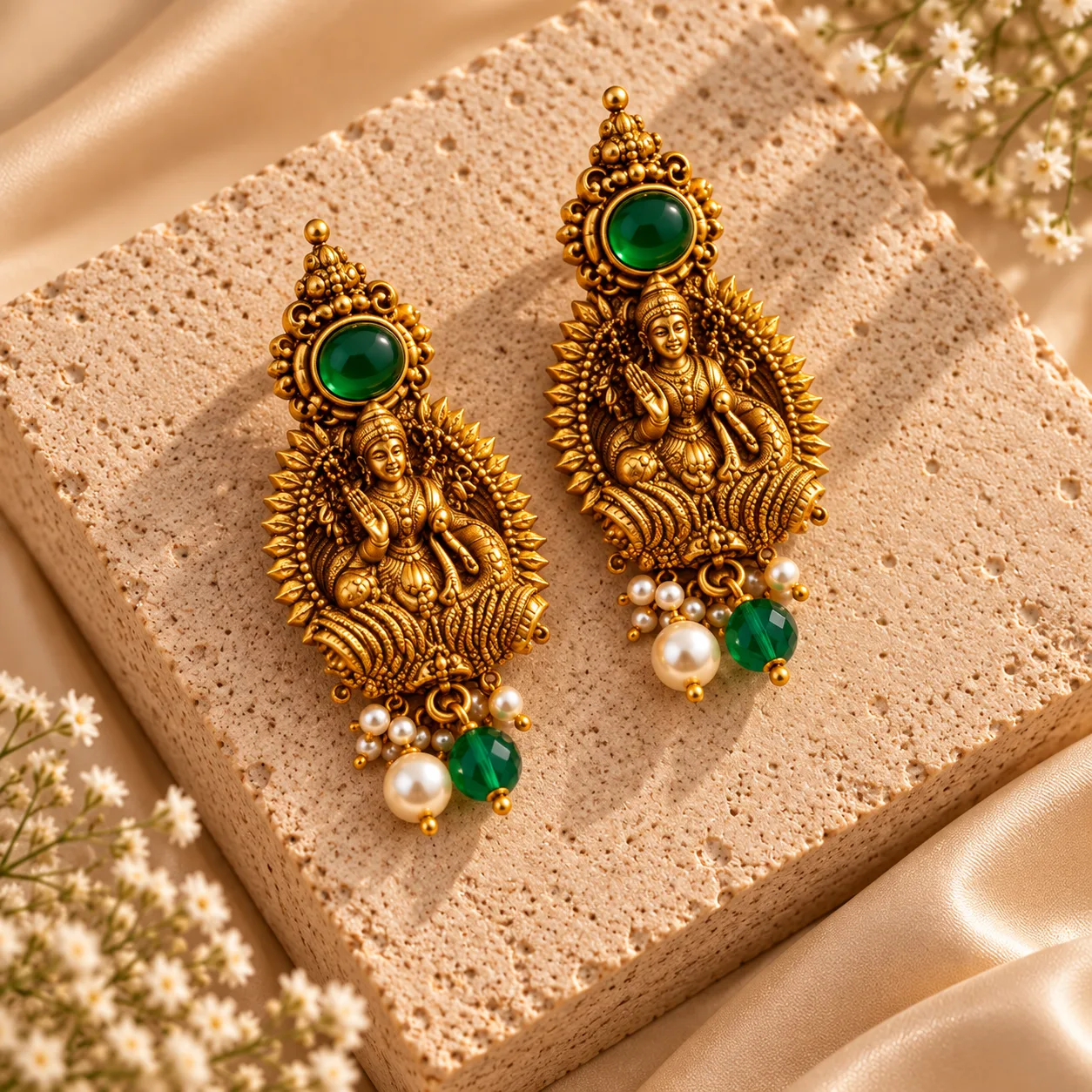 Pair of gold-tone drop earrings with a seated figure moulded in relief, an oval green cabochon at the top and a fringe of white and green beads at the base, resting on a textured stone block beside small white flowers