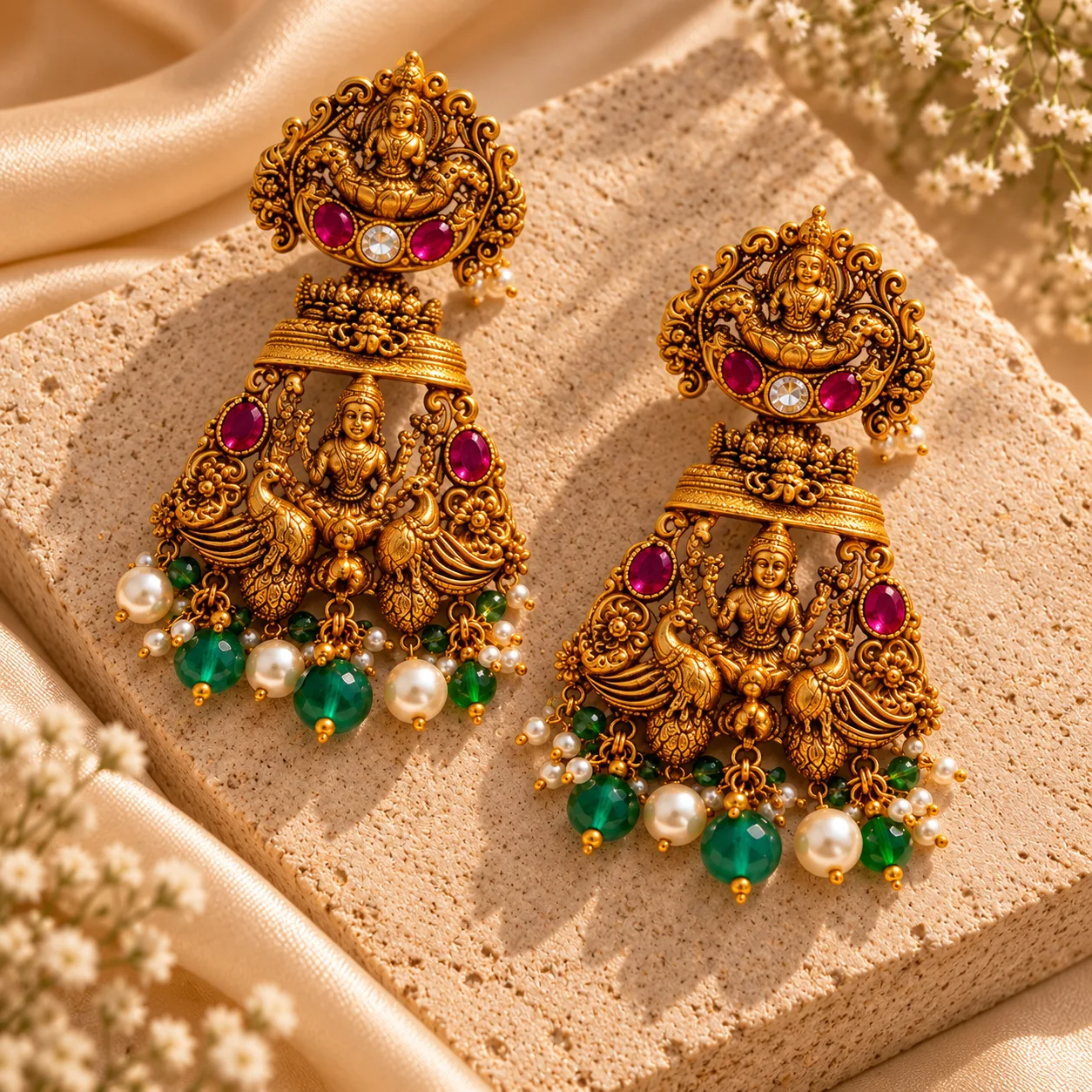 A pair of gold-tone drop earrings resting on a textured stone block over cream fabric, each earring carved with a seated figure above two facing peacocks, set with pink-red and colourless stones and hung with green and white beads.