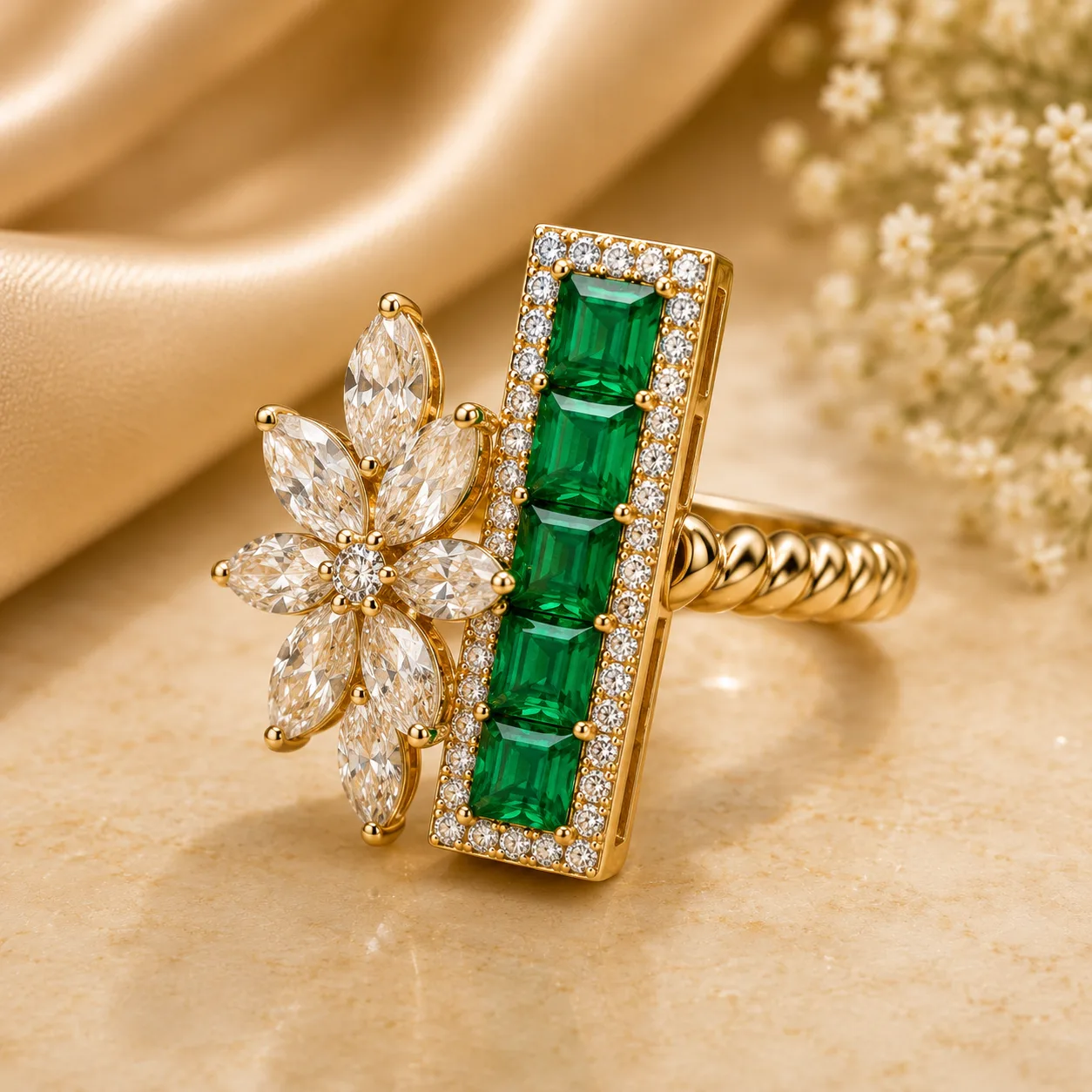 Gold-tone ring with a tall rectangular panel of five green square-cut stones bordered by small colourless stones, beside a flower of marquise-cut colourless stones, on a cream surface with satin fabric and small white flowers behind.
