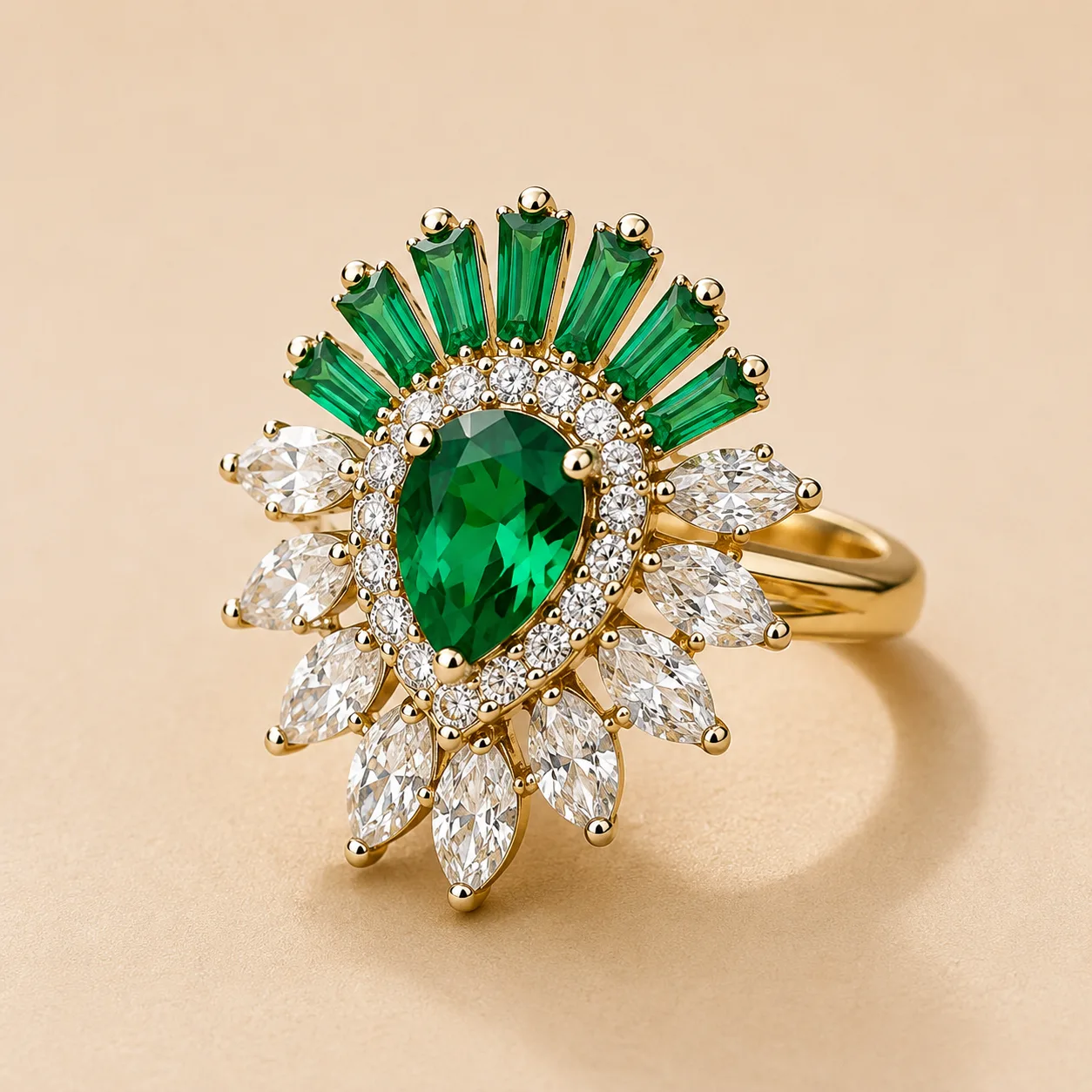 A gold-tone ring with a green pear-cut stone in a halo of small colourless stones, green baguettes fanned above and colourless marquise stones fanned below, on a beige background.