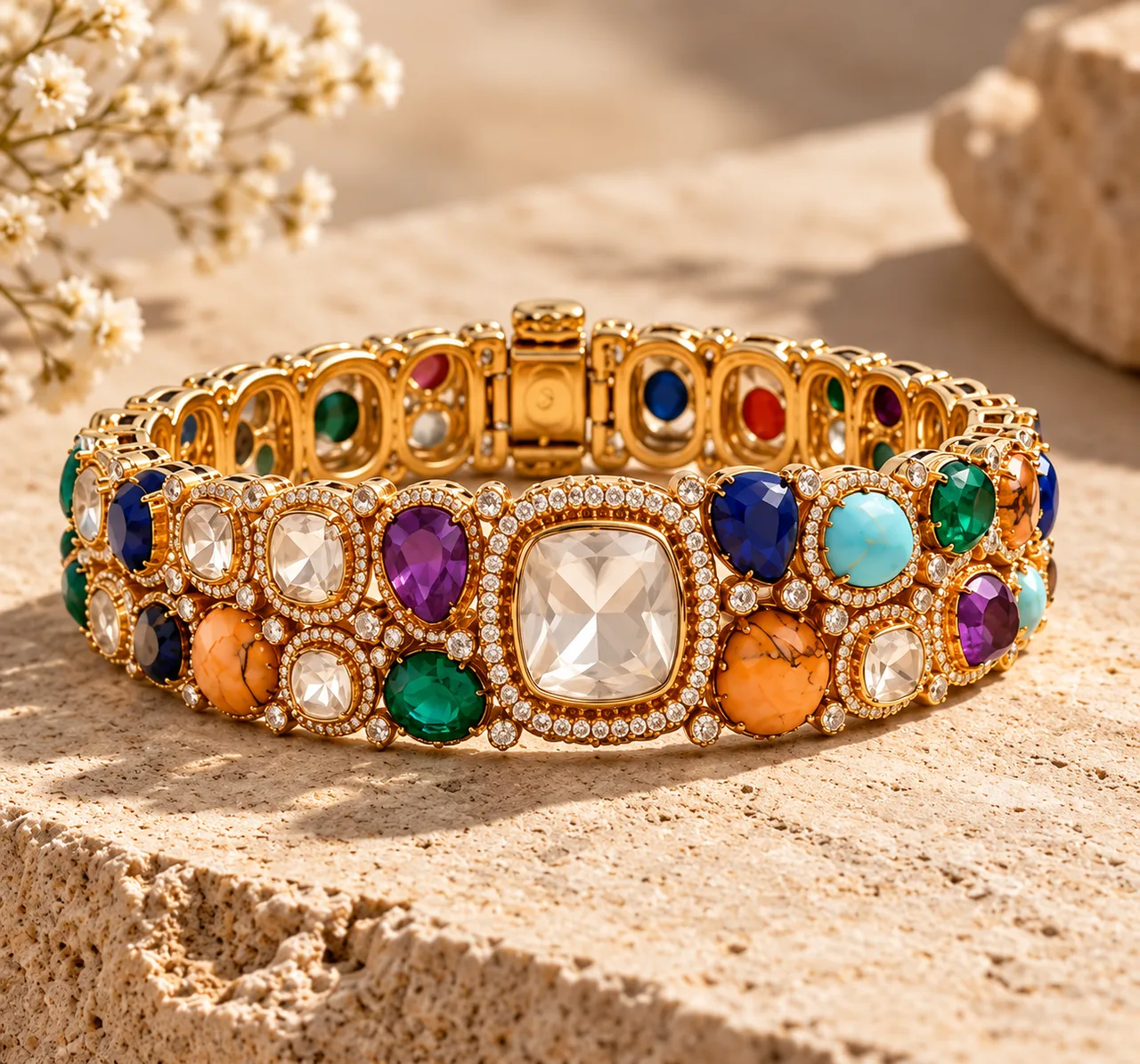 A gold-tone bracelet set with a large colourless cushion-cut stone at the centre and surrounding coloured and colourless stones, standing upright on a pale stone slab with dried white flowers behind it.