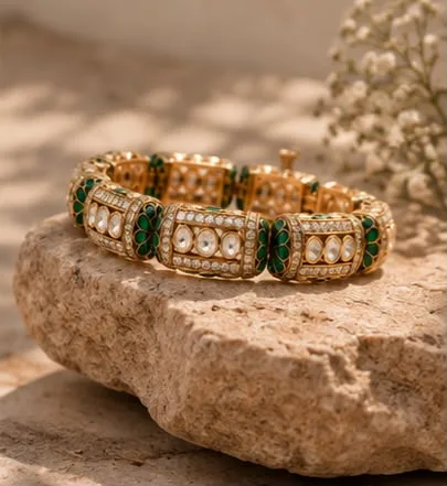 Gold-tone panelled bracelet set with white oval and green stones, resting on a rough pale stone slab in sunlight.