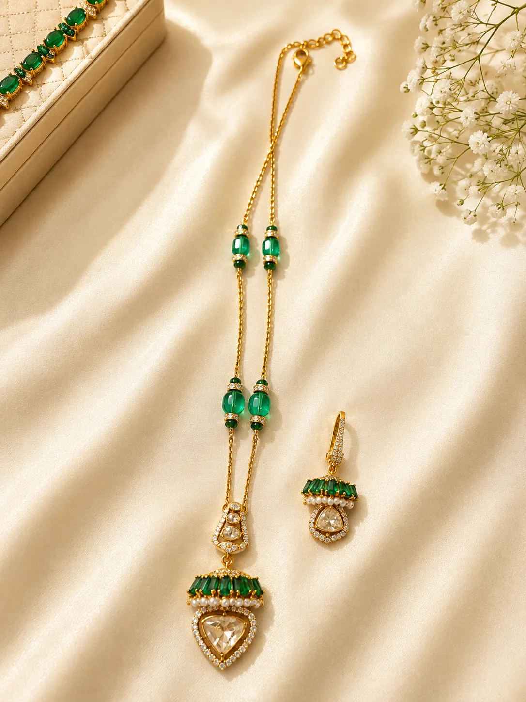 Gold-tone chain necklace with green oval beads and a shield-shaped pendant of green baguette-cut stones above a large colourless faceted stone edged in small colourless stones, laid on cream satin with one matching drop earring beside it and white flowers at the upper right.