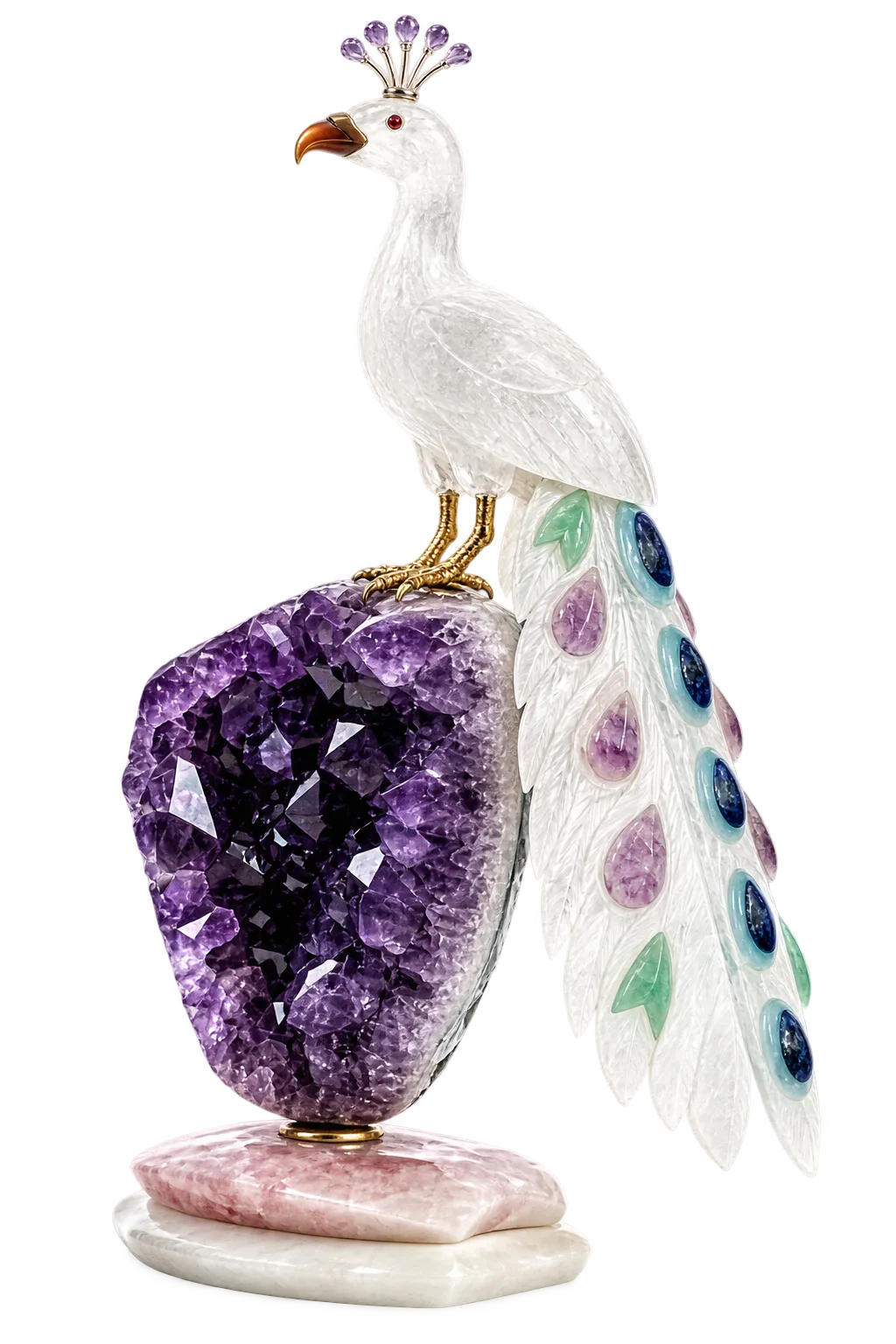 A white carved peacock standing on an uncut amethyst, its tail set feather by feather
