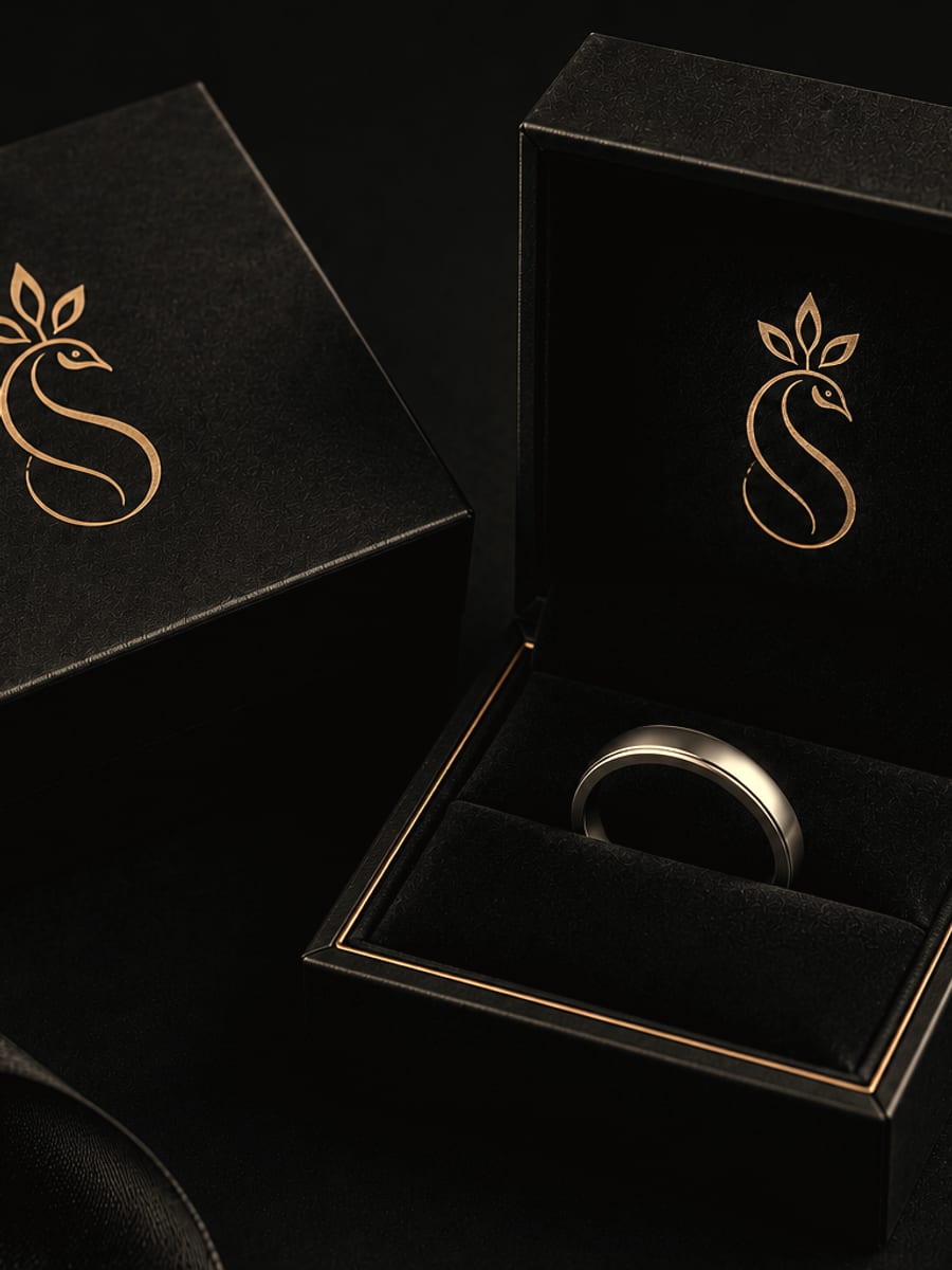 A closed presentation box and an open one holding a ring, with satin ribbon.