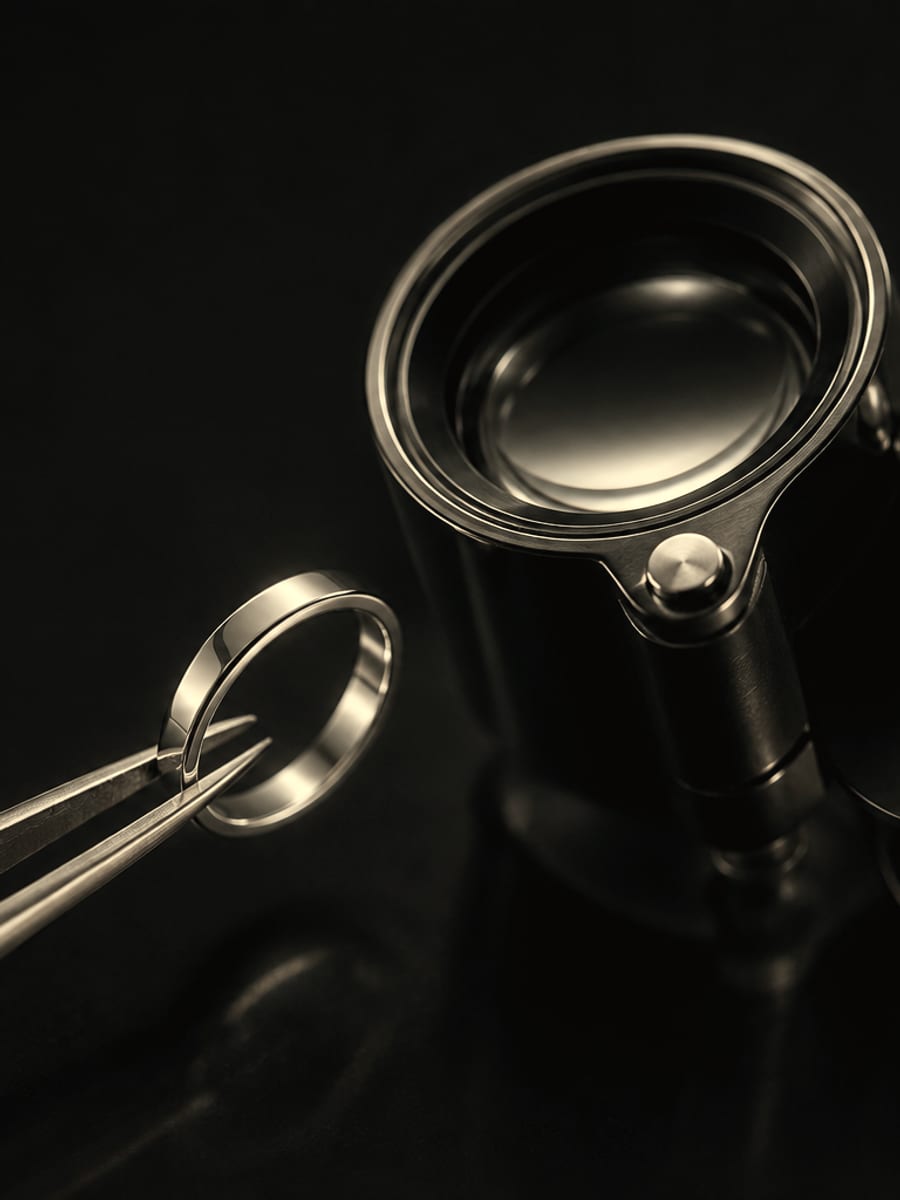 A jeweller’s loupe beside tweezers holding a plain ring, on black.
