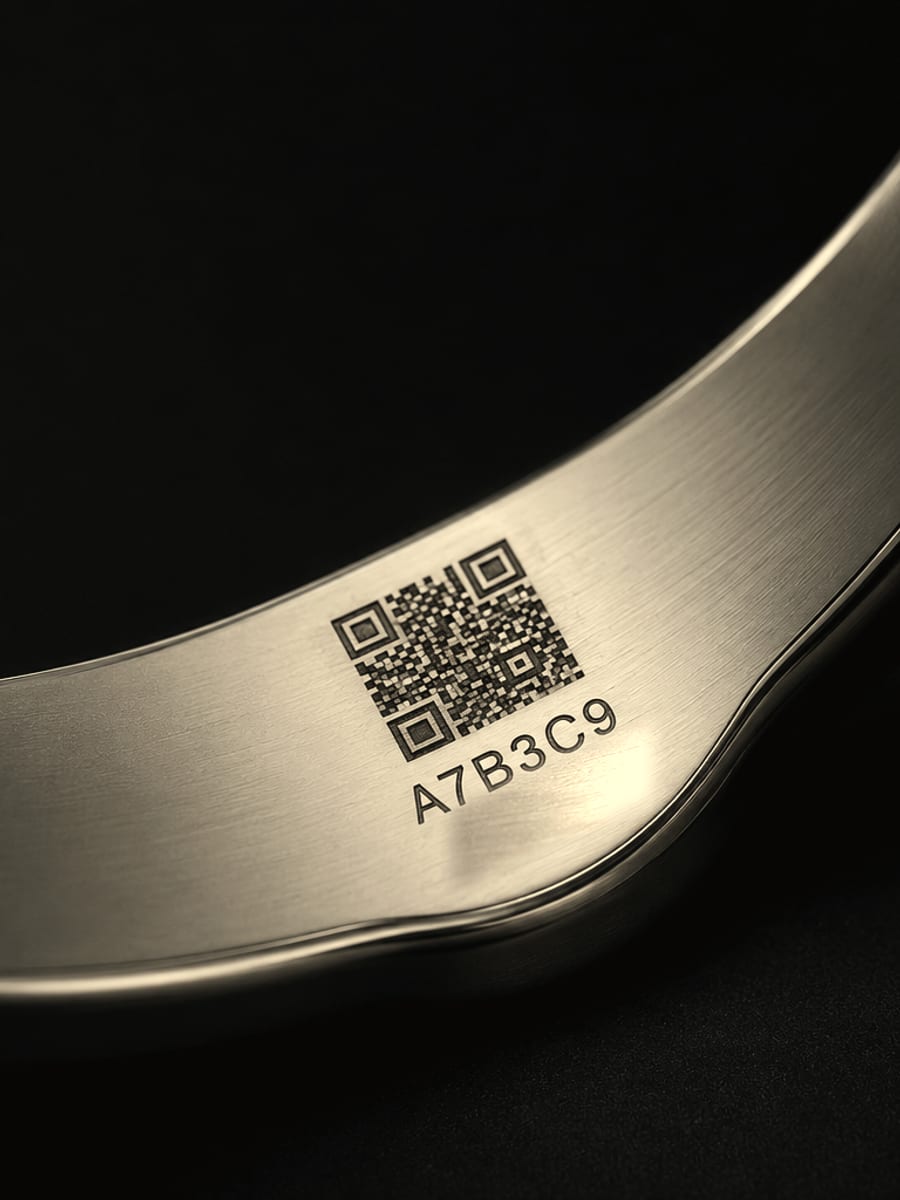 The inner face of a bangle, laser-engraved with a QR code and a serial number.